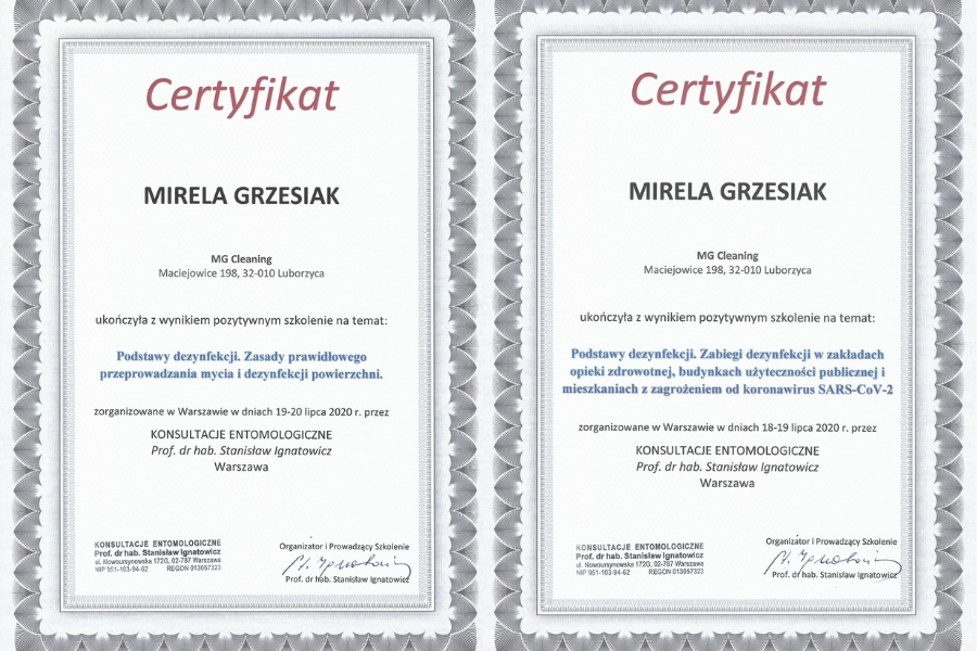 Certyfikaty Mireli Grzesiak właścicielki firmy MG Cleaning